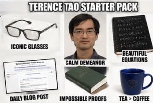 Terence Tao starter pack with glasses, equations, blog post, book, and tea